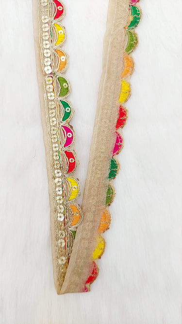 Beige Art Silk Scallop Fabric Lace Trim with Sequins and Multicolour Embroidery, Sari Border, Trim By 3 Yards